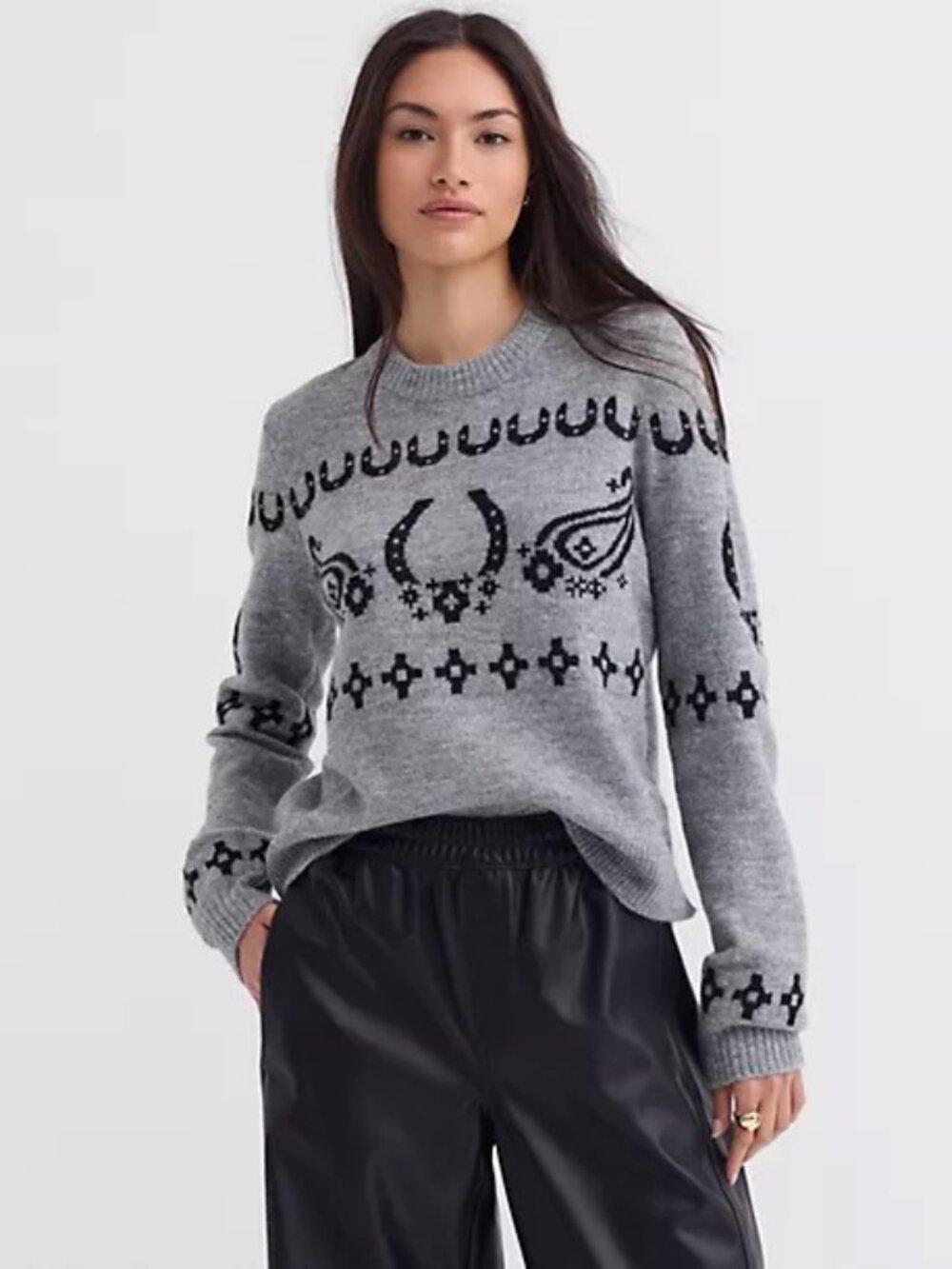 Loft Women's Gray Crewneck Sweater Black Graphic Horseshoe Paisley Knit NWT Sz S
